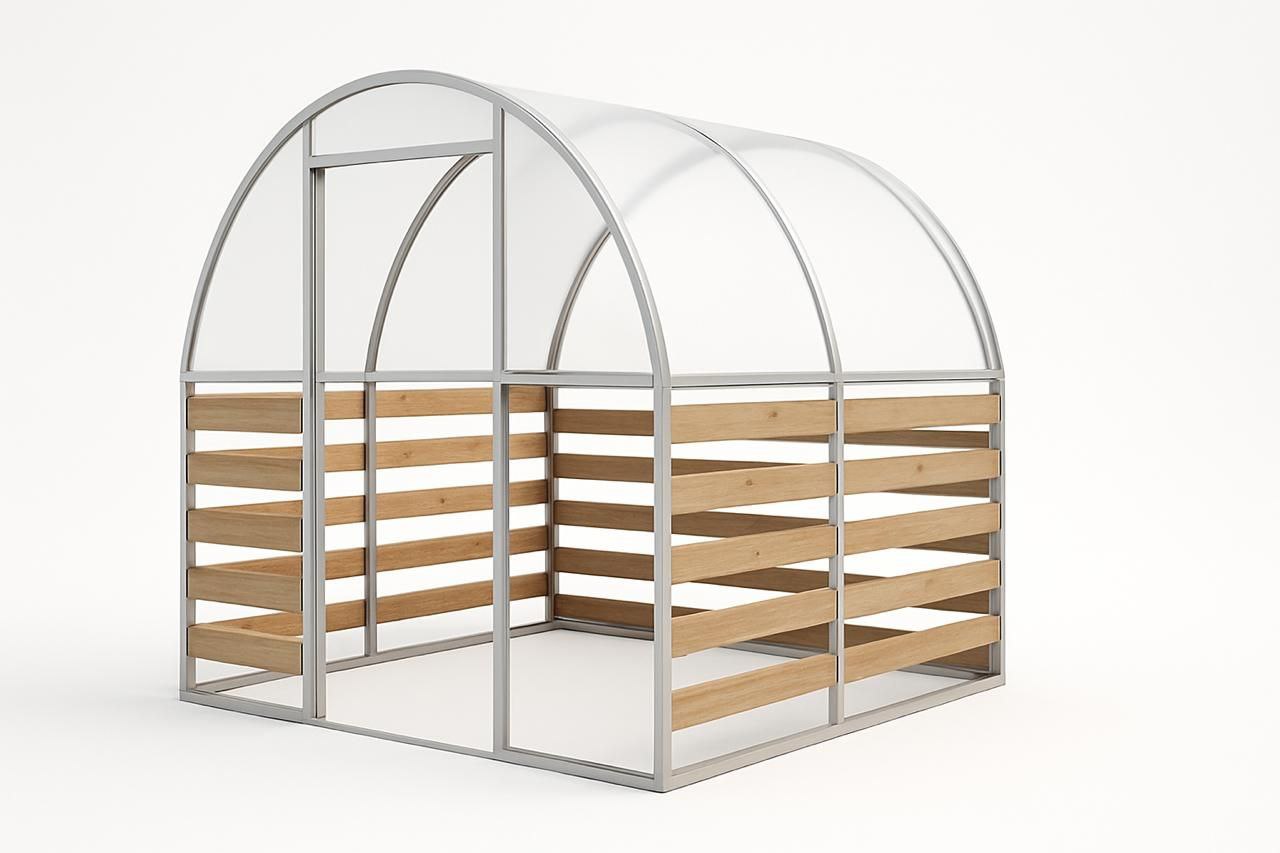 Wooden greenhouse with raised beds