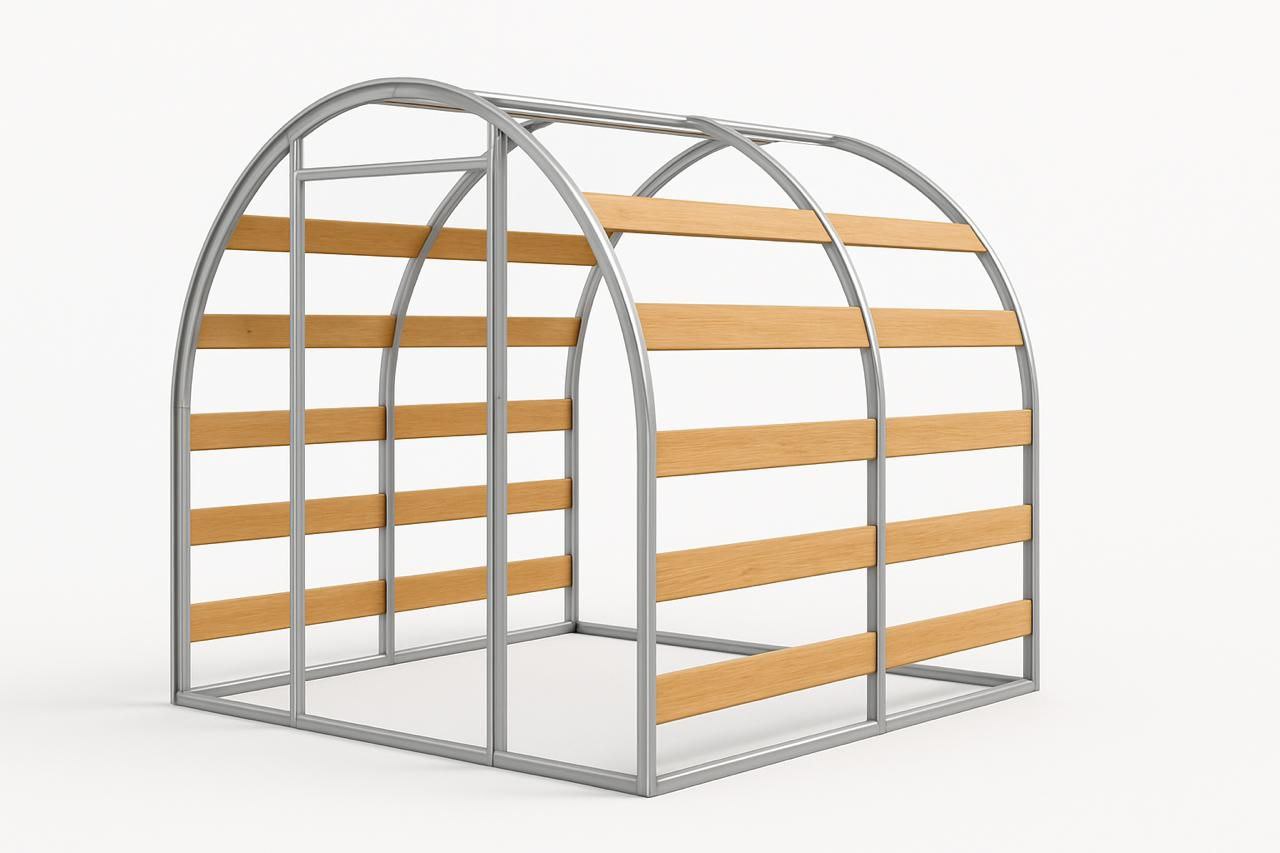 Wooden pergola with seating area